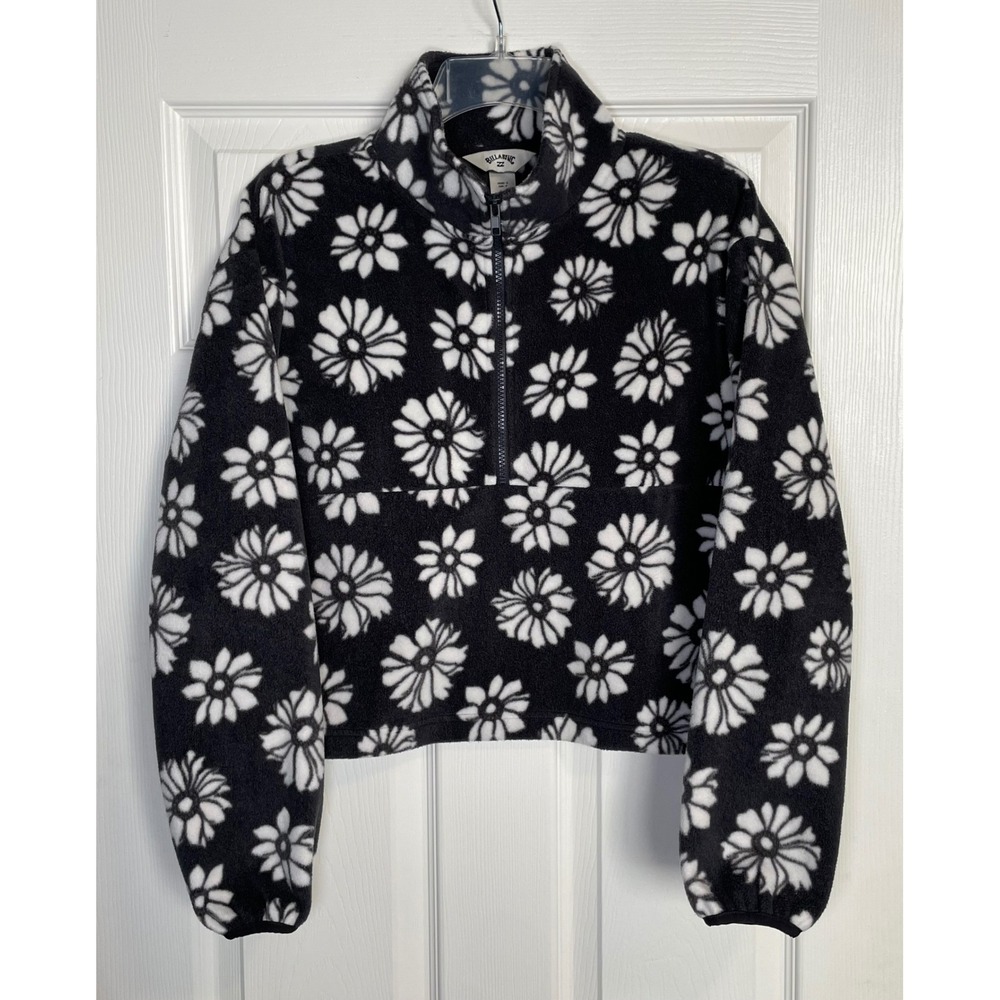 Billabong Fleece Pullover Girls Smallโ Black White Daisy Floral Half Zip Cropped